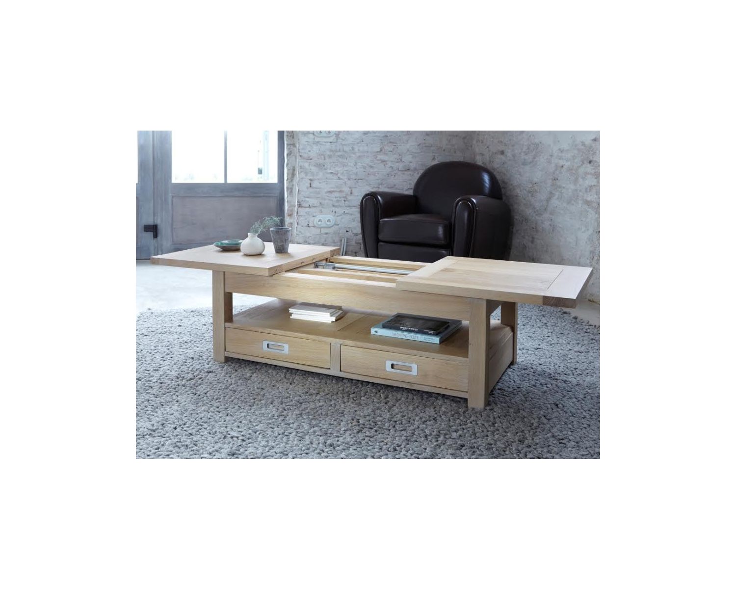 Tavolino rettangolare in rovere massiccio "Bella" con prolunga