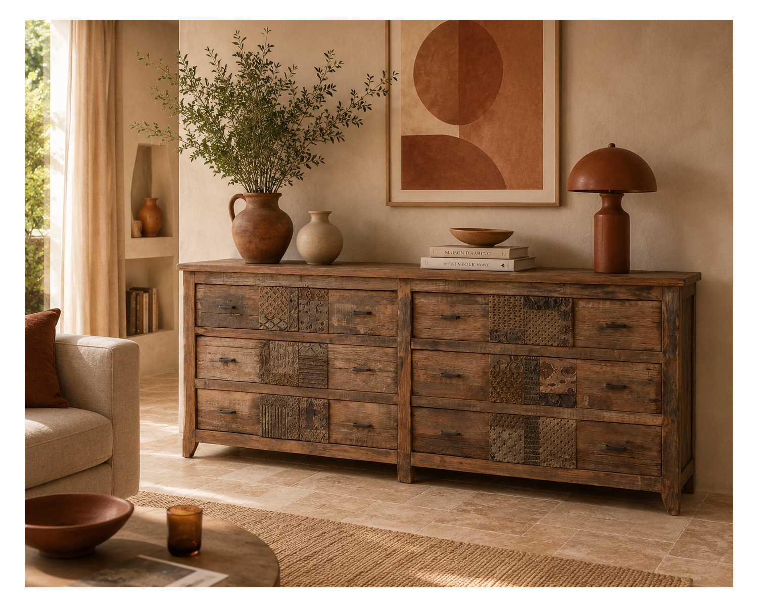 Cassettiera bassa "nepalese" di 195 cm in legno di recupero con 6 cassetti