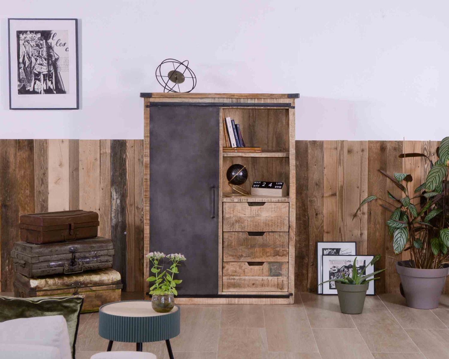 Armadio industriale "Caractère" in metallo e legno argentato