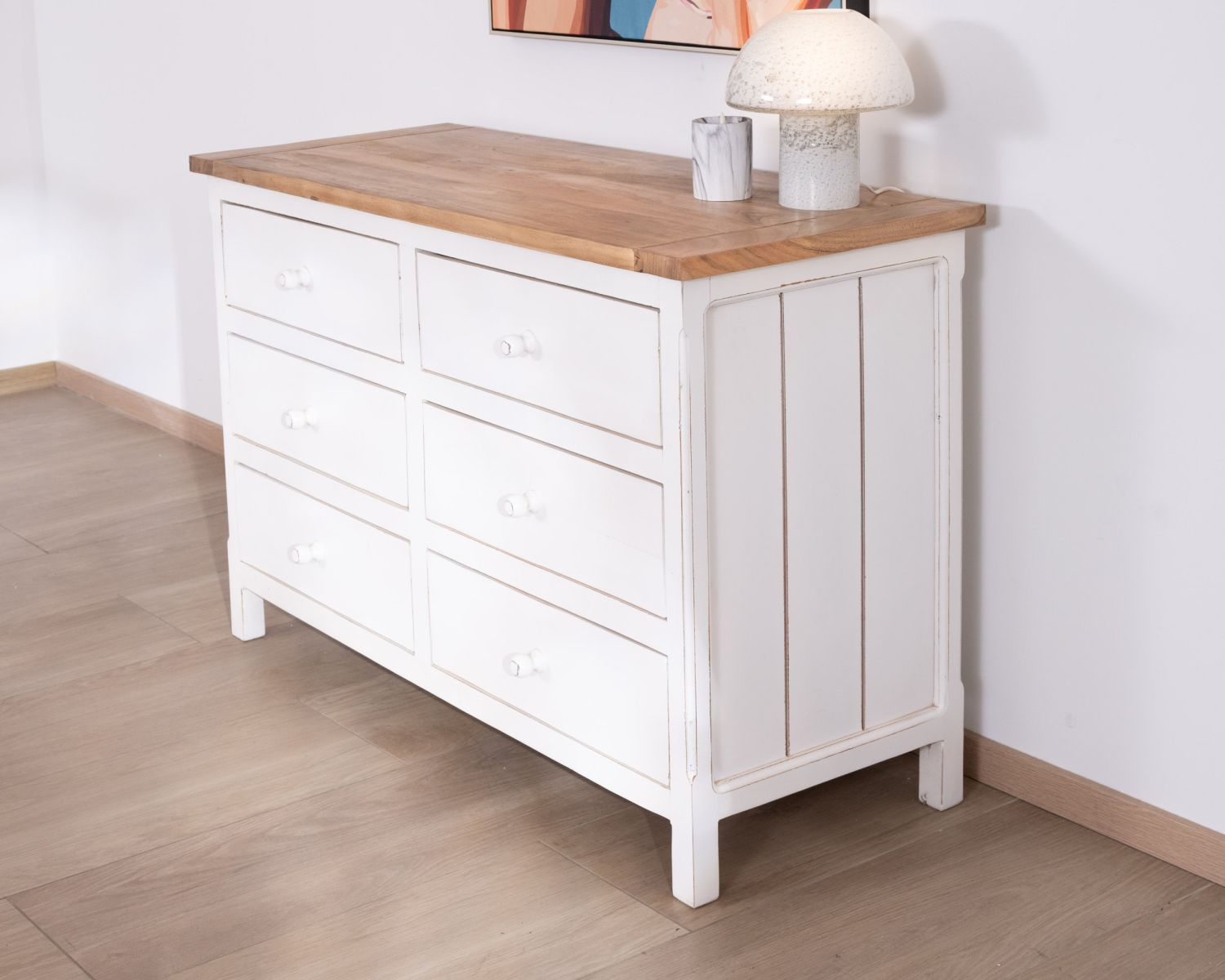 Cassettone "Equinoxe" a 6 cassetti in acacia bianca con piano naturale