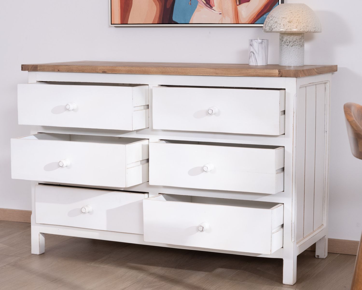 Cassettone "Equinoxe" a 6 cassetti in acacia bianca con piano naturale