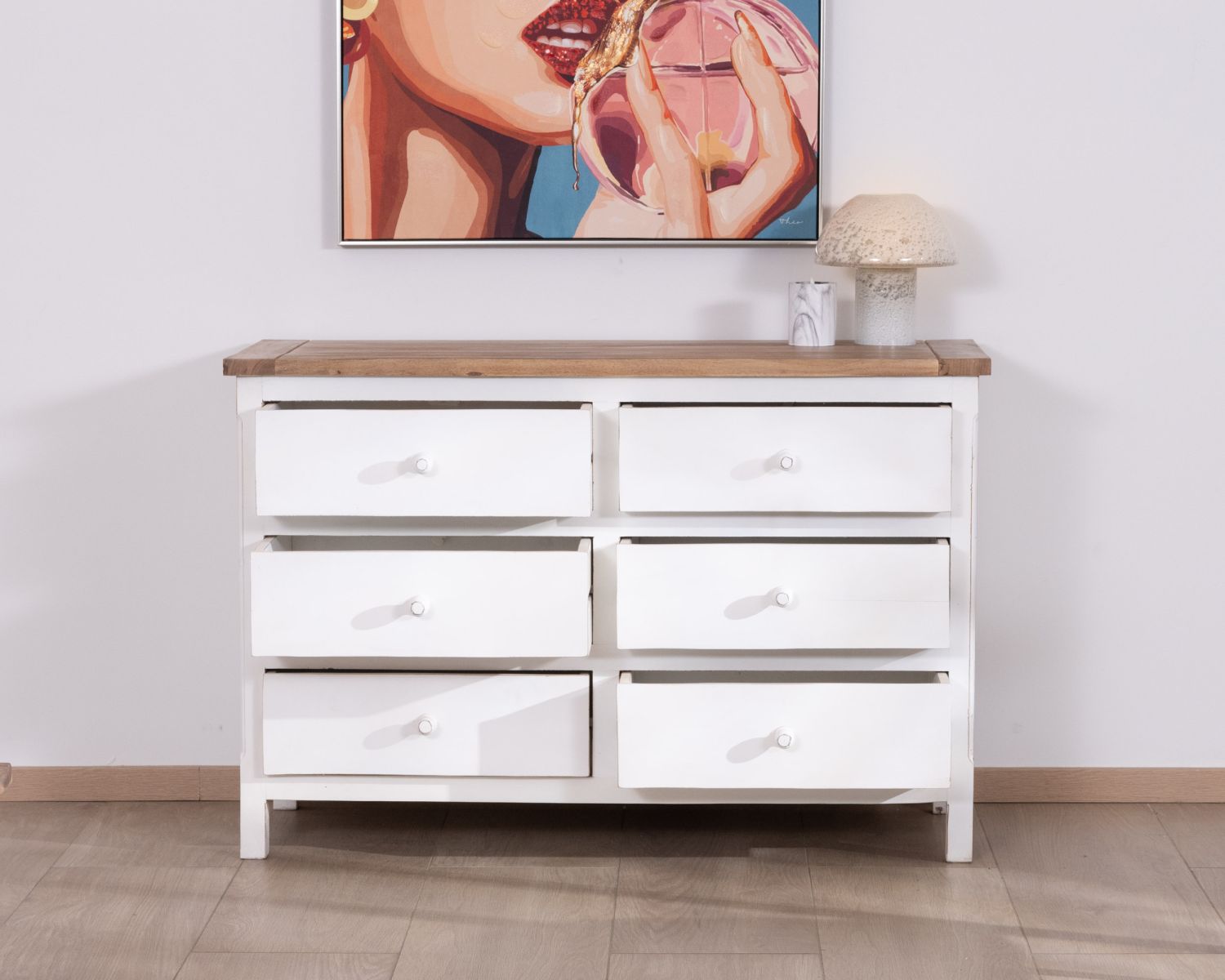 Cassettone "Equinoxe" a 6 cassetti in acacia bianca con piano naturale