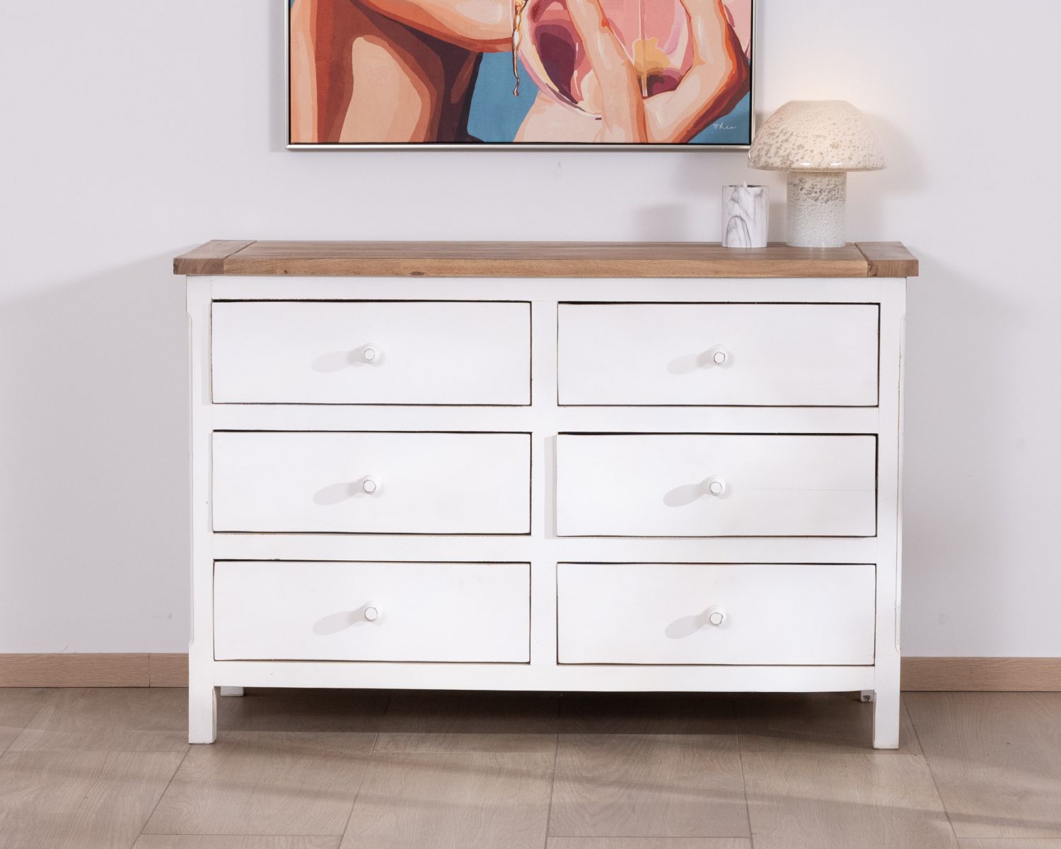 Cassettone "Equinoxe" a 6 cassetti in acacia bianca con piano naturale