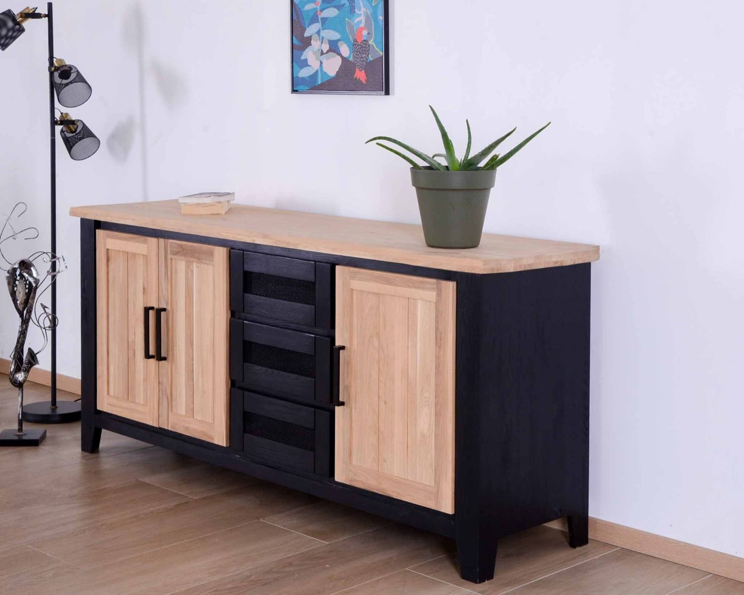 Grande credenza bicolore in stile loft "Ashland" in legno massiccio e metallo