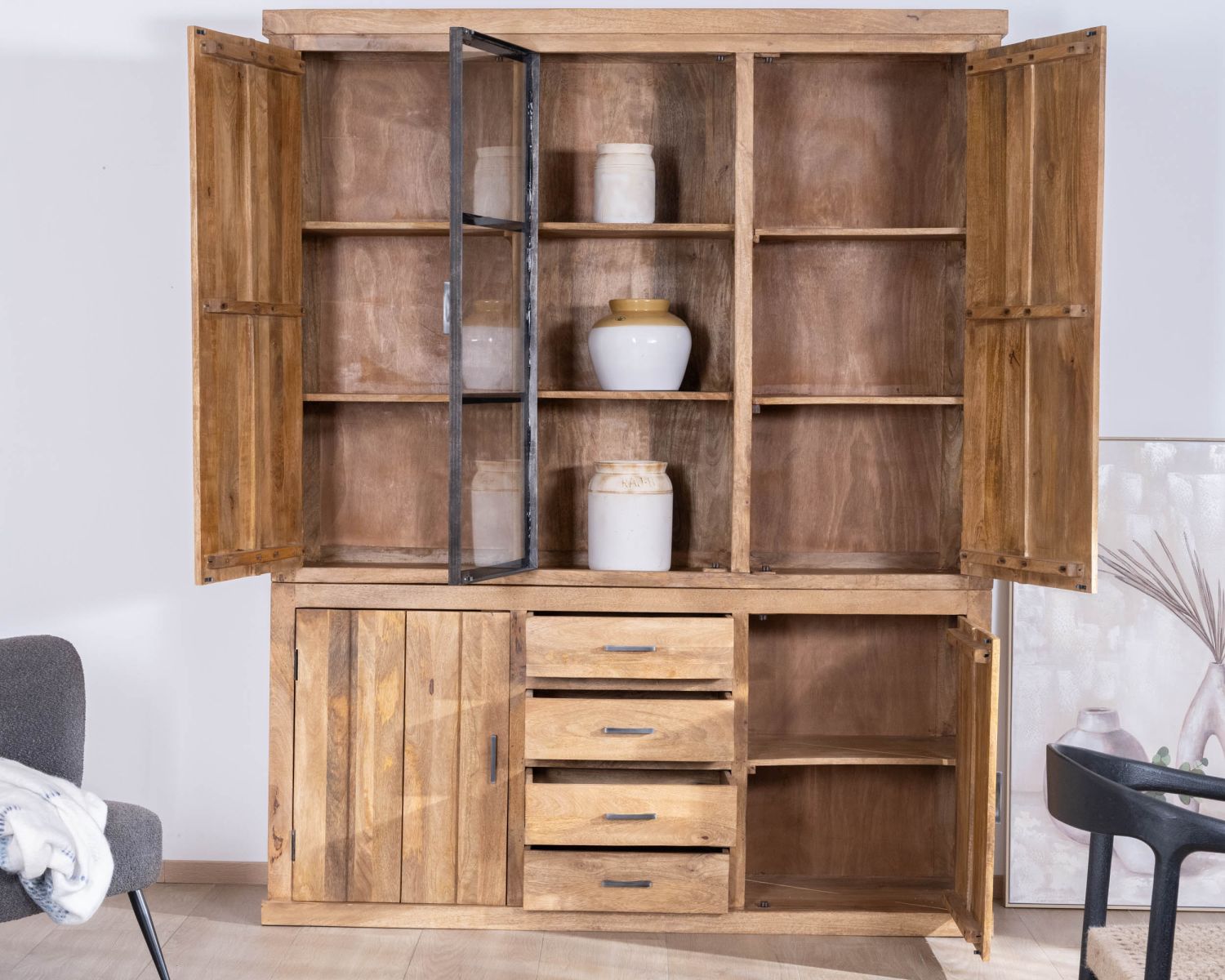 Mobile contemporaneo "Presolino" da 180 cm in mango con anta centrale in vetro