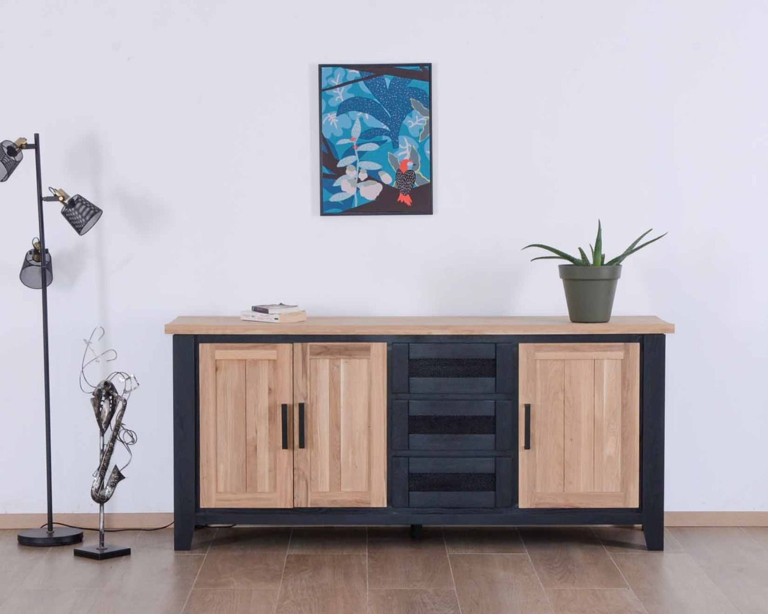 Grande credenza bicolore in stile loft "Ashland" in legno massiccio e metallo