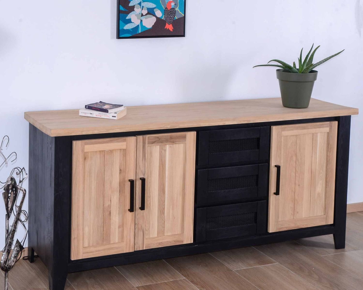 Grande credenza bicolore in stile loft "Ashland" in legno massiccio e metallo