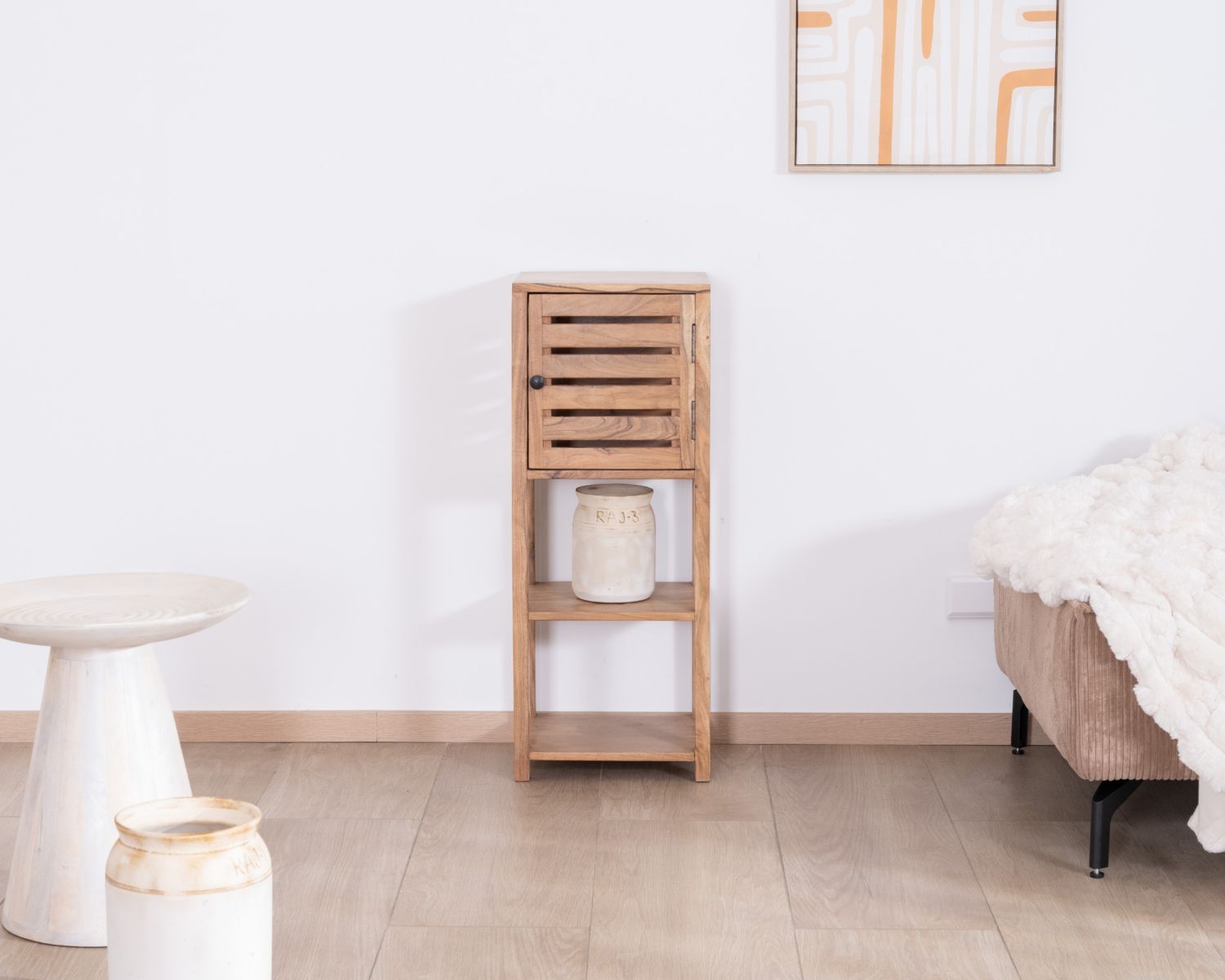 Ripiano in acacia con scomparto "Conoa" con apertura a persiana