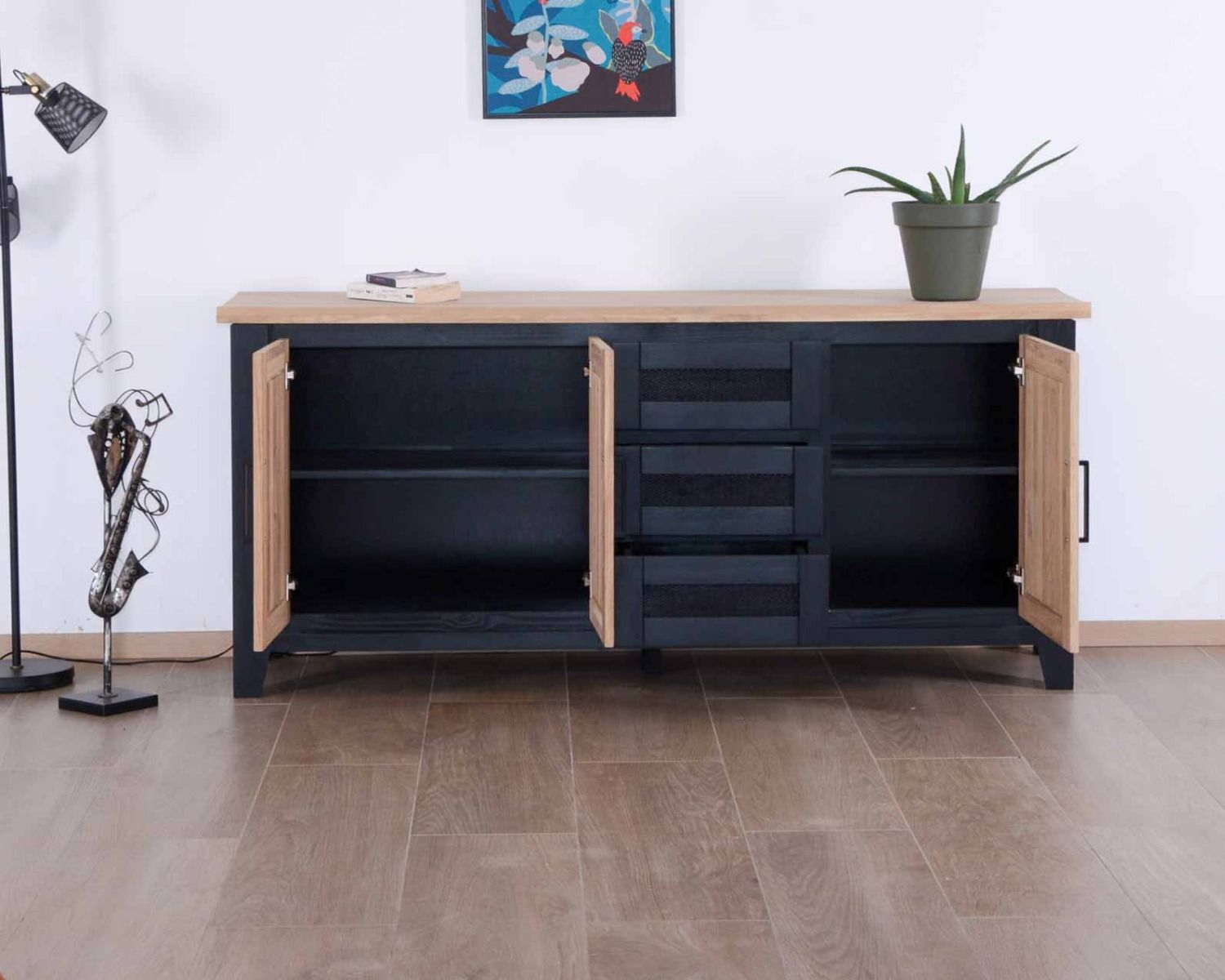 Grande credenza bicolore in stile loft "Ashland" in legno massiccio e metallo