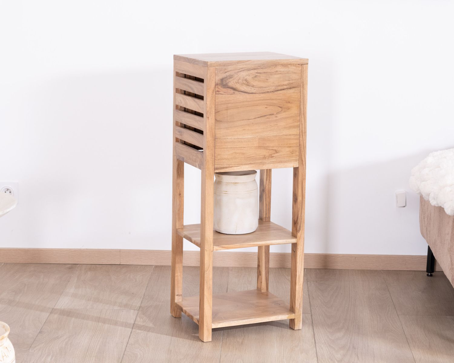 Ripiano in acacia con scomparto "Conoa" con apertura a persiana