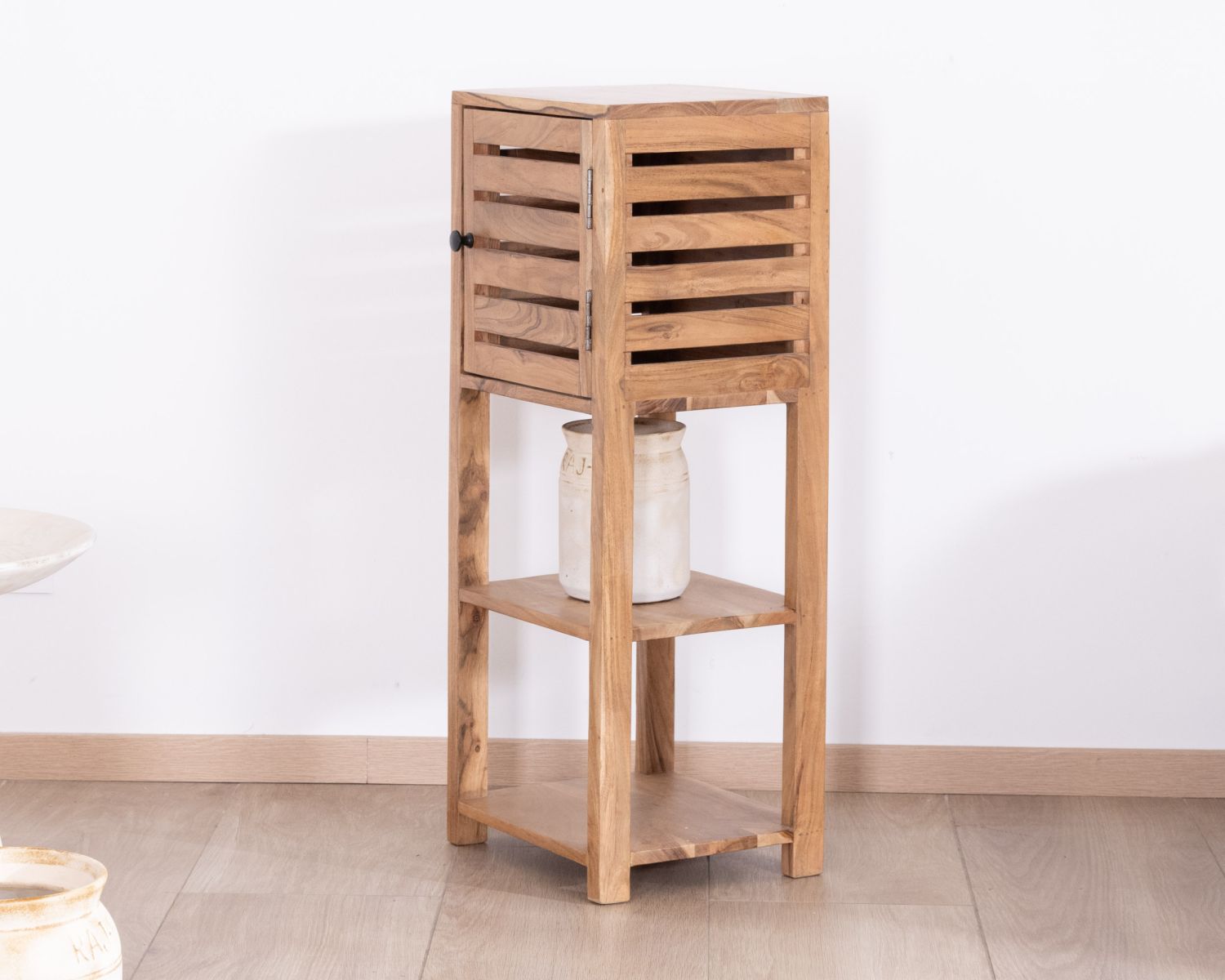 Ripiano in acacia con scomparto "Conoa" con apertura a persiana