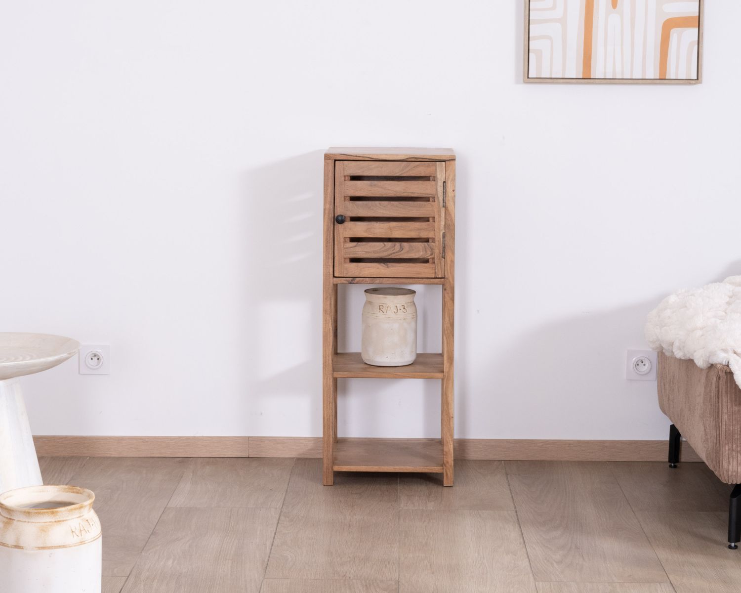 Ripiano in acacia con scomparto "Conoa" con apertura a persiana