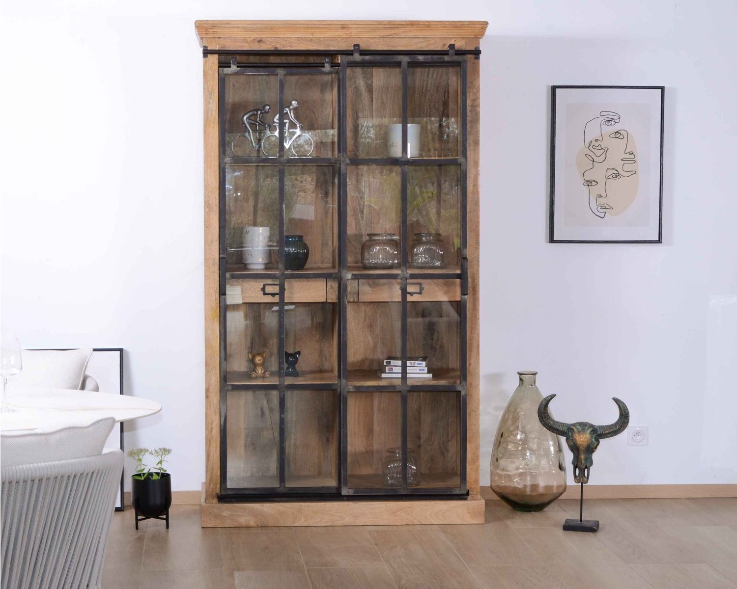 Libreria in stile manifatturiero "Haden" in legno di mango, metallo e vetro