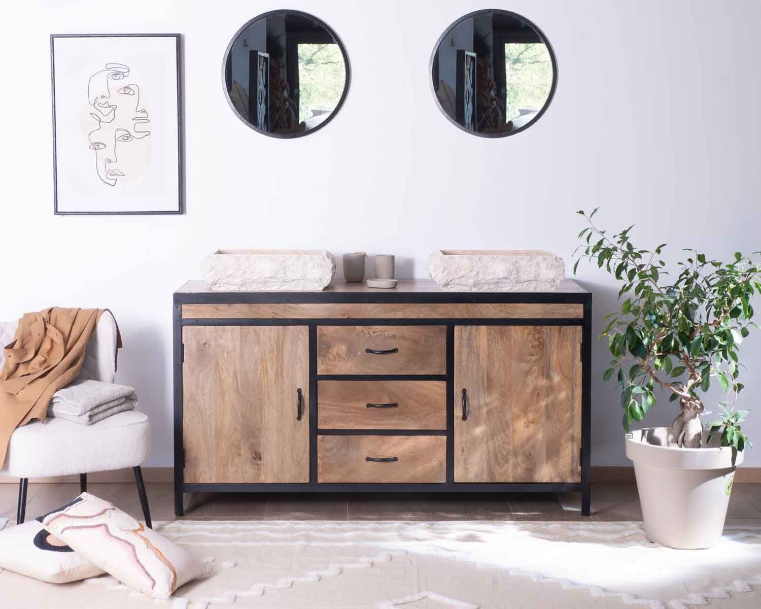 Mobiletto industriale "Atelier" da 150 cm in mango massiccio e metallo