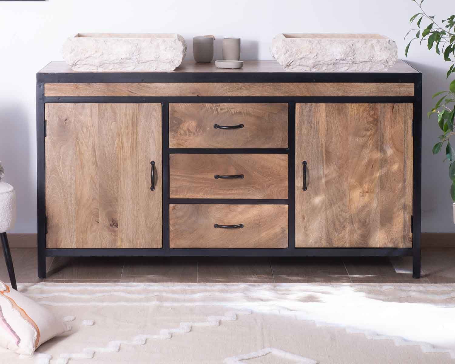 Mobiletto industriale "Atelier" da 150 cm in mango massiccio e metallo