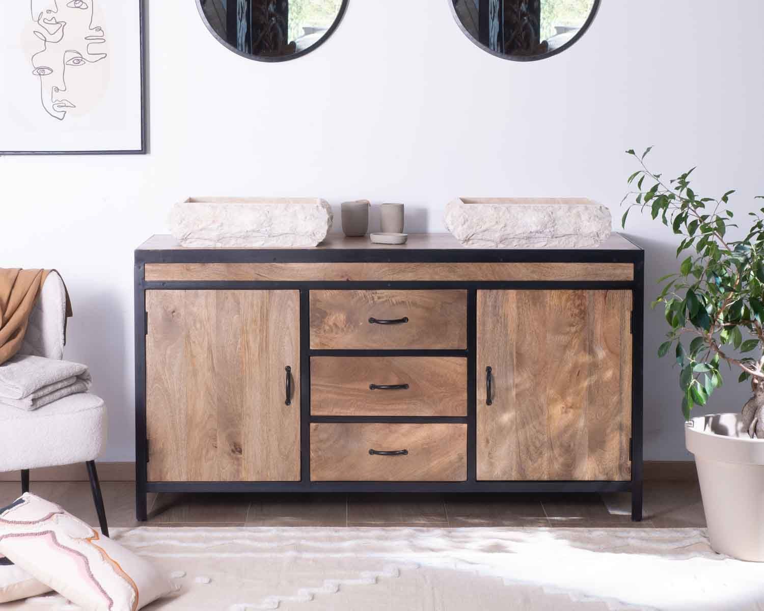 Mobiletto industriale "Atelier" da 150 cm in mango massiccio e metallo