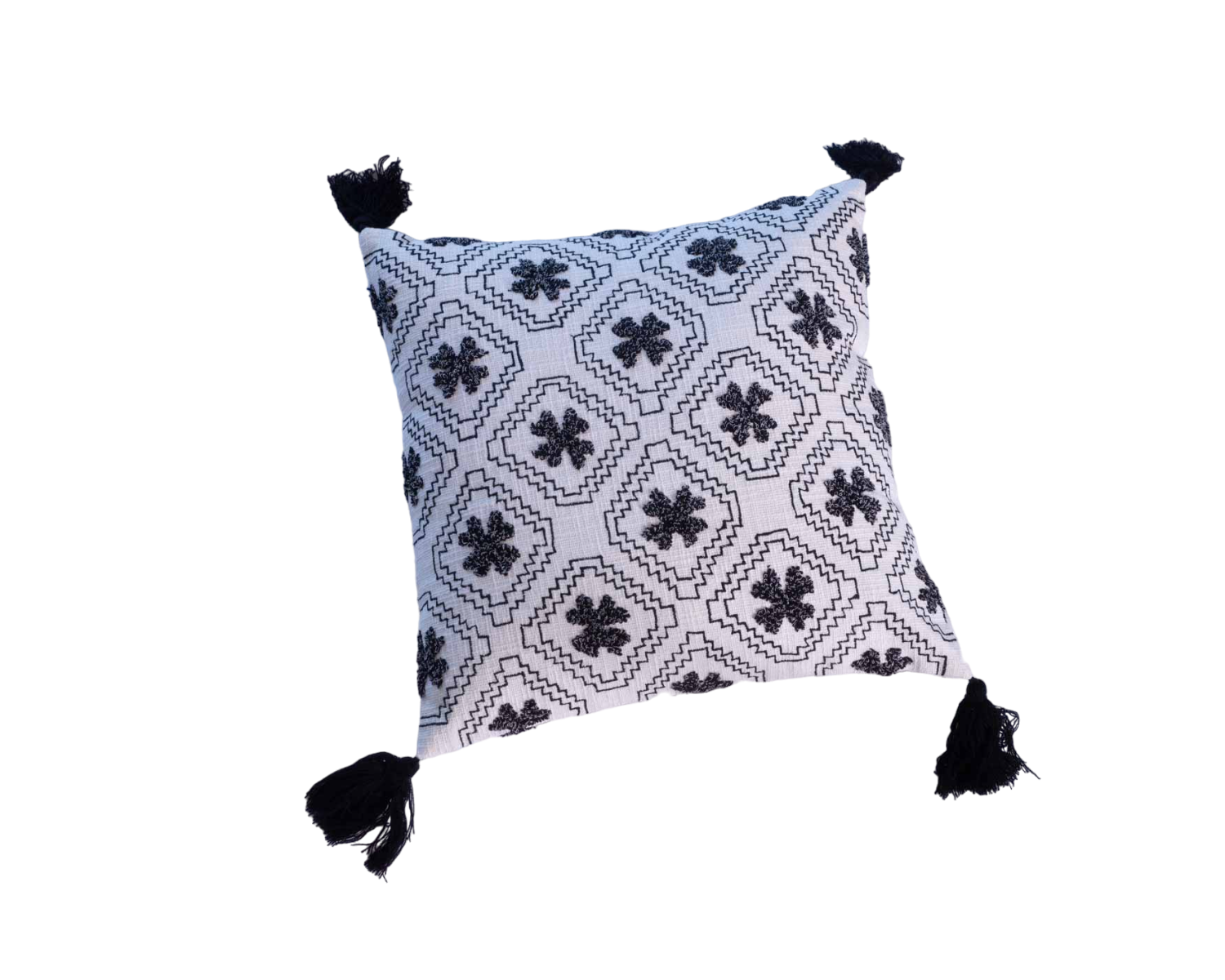 Cuscino decorativo in cotone bianco con motivo ricamato e nappe "Chart"