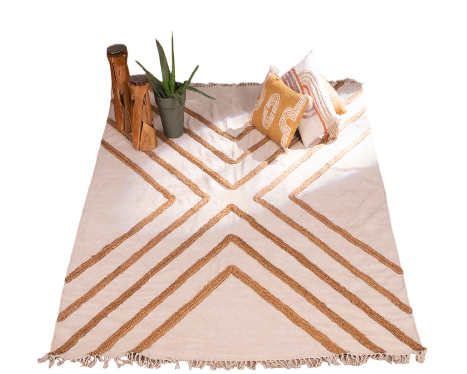 Tappeto "etnico" in cotone beige con juta intrecciata 120 x 180 cm