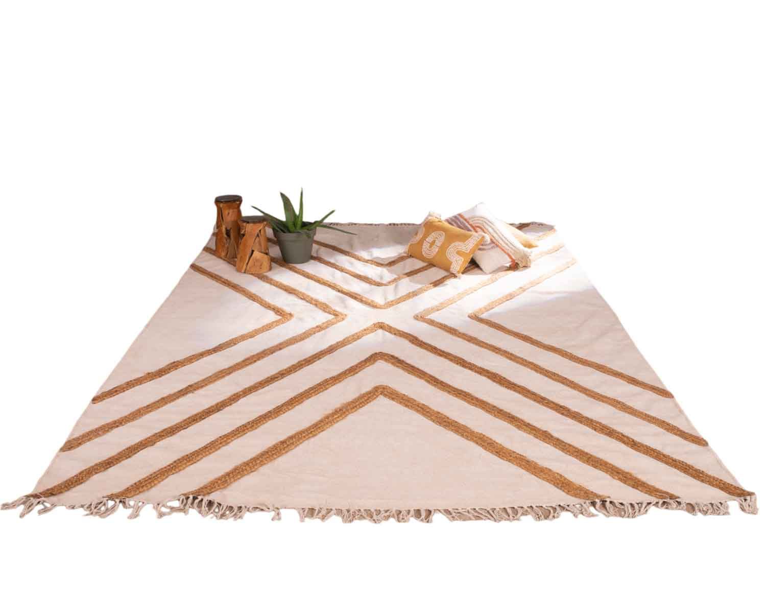 Tappeto "etnico" in cotone beige con juta intrecciata 120 x 180 cm