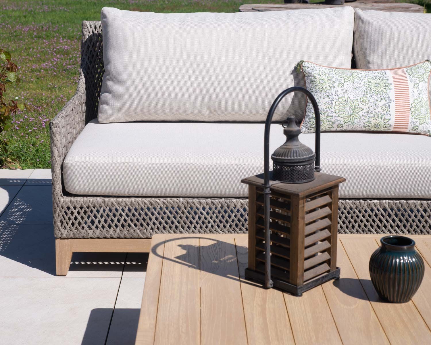 Set da giardino intrecciato "Porticcio" in teak e tessuto screziato di alta gamma