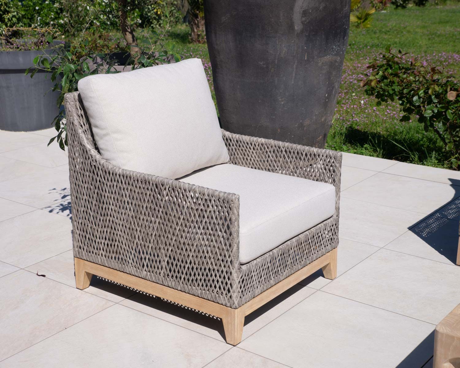 Set da giardino intrecciato "Porticcio" in teak e tessuto screziato di alta gamma