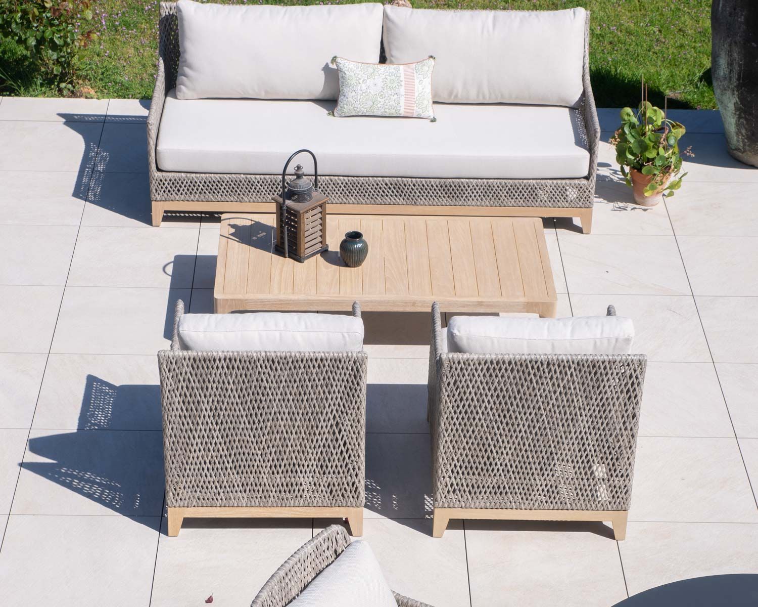 Set da giardino intrecciato "Porticcio" in teak e tessuto screziato di alta gamma