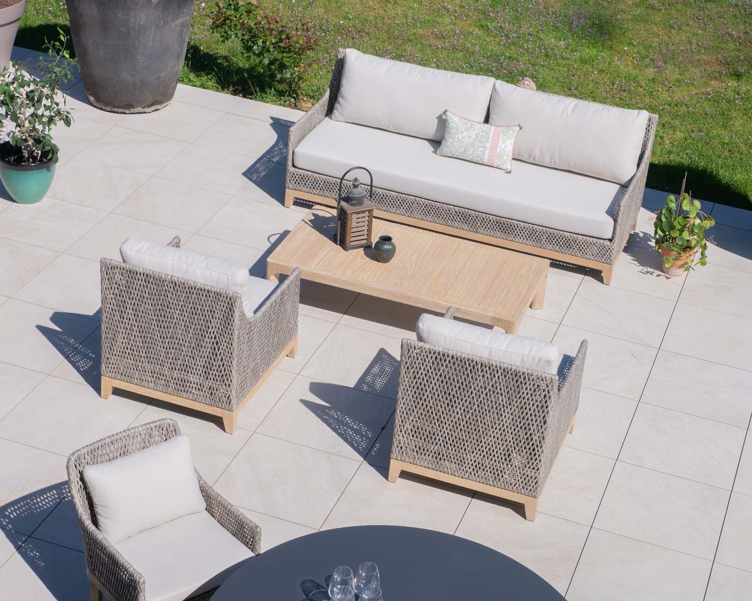 Set da giardino intrecciato "Porticcio" in teak e tessuto screziato di alta gamma