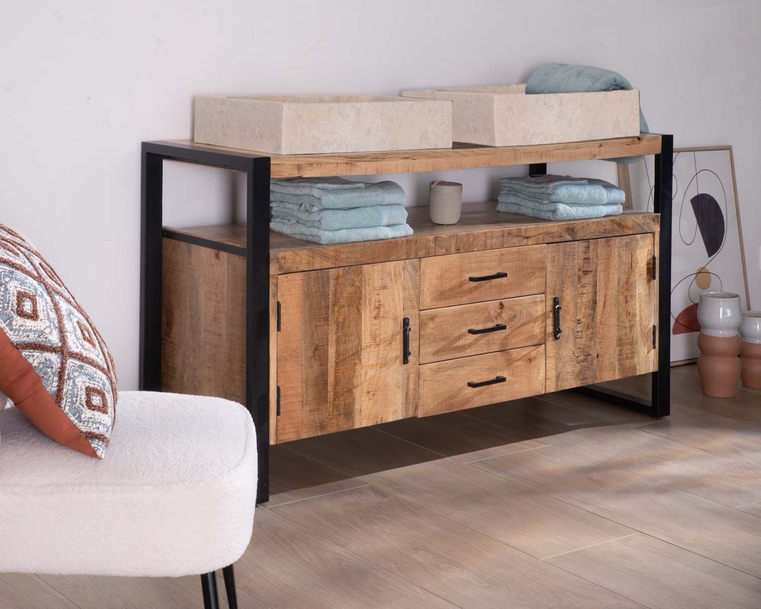 Lavabo rettangolare di design "Stone" in marmo beige lucido