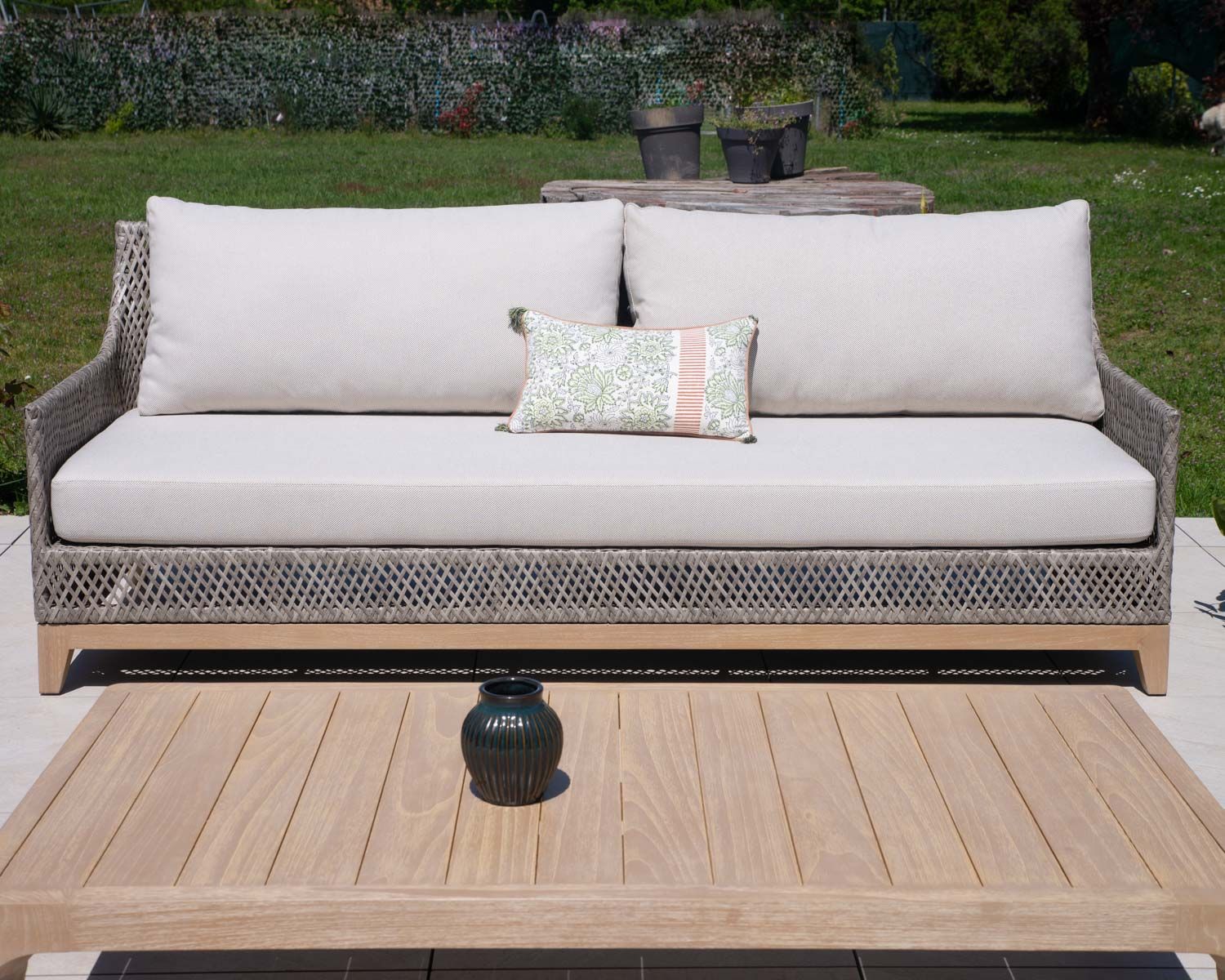 Set da giardino intrecciato "Porticcio" in teak e tessuto screziato di alta gamma