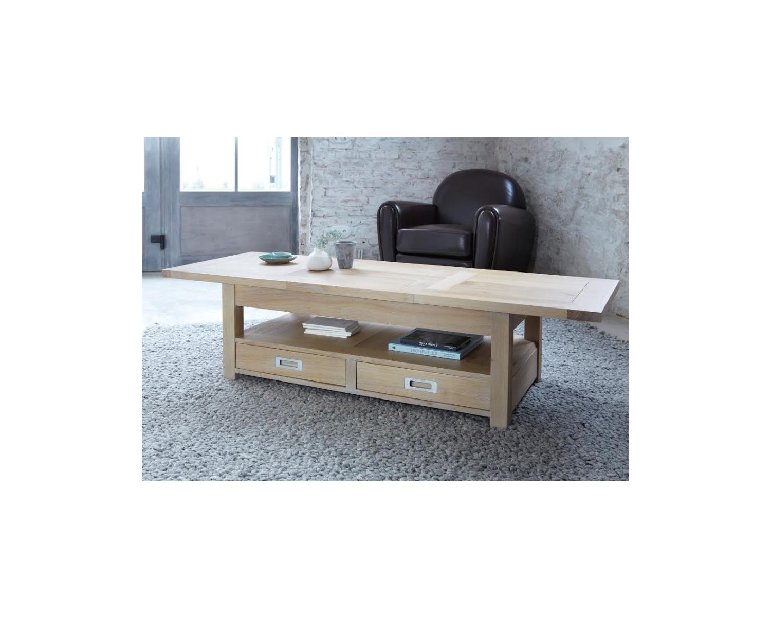 Tavolino rettangolare in rovere massiccio "Bella" con prolunga