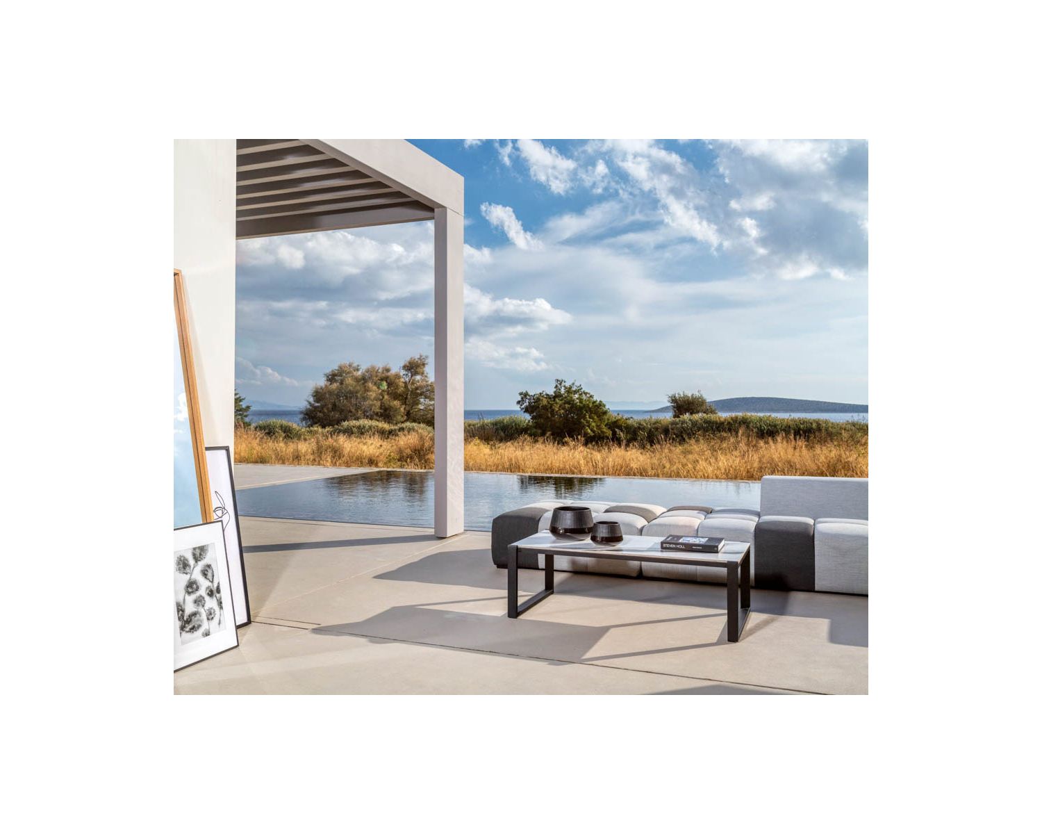 Pouf quadrato "Lazy Beach" in tessuto Sunbrella bicolore grigio