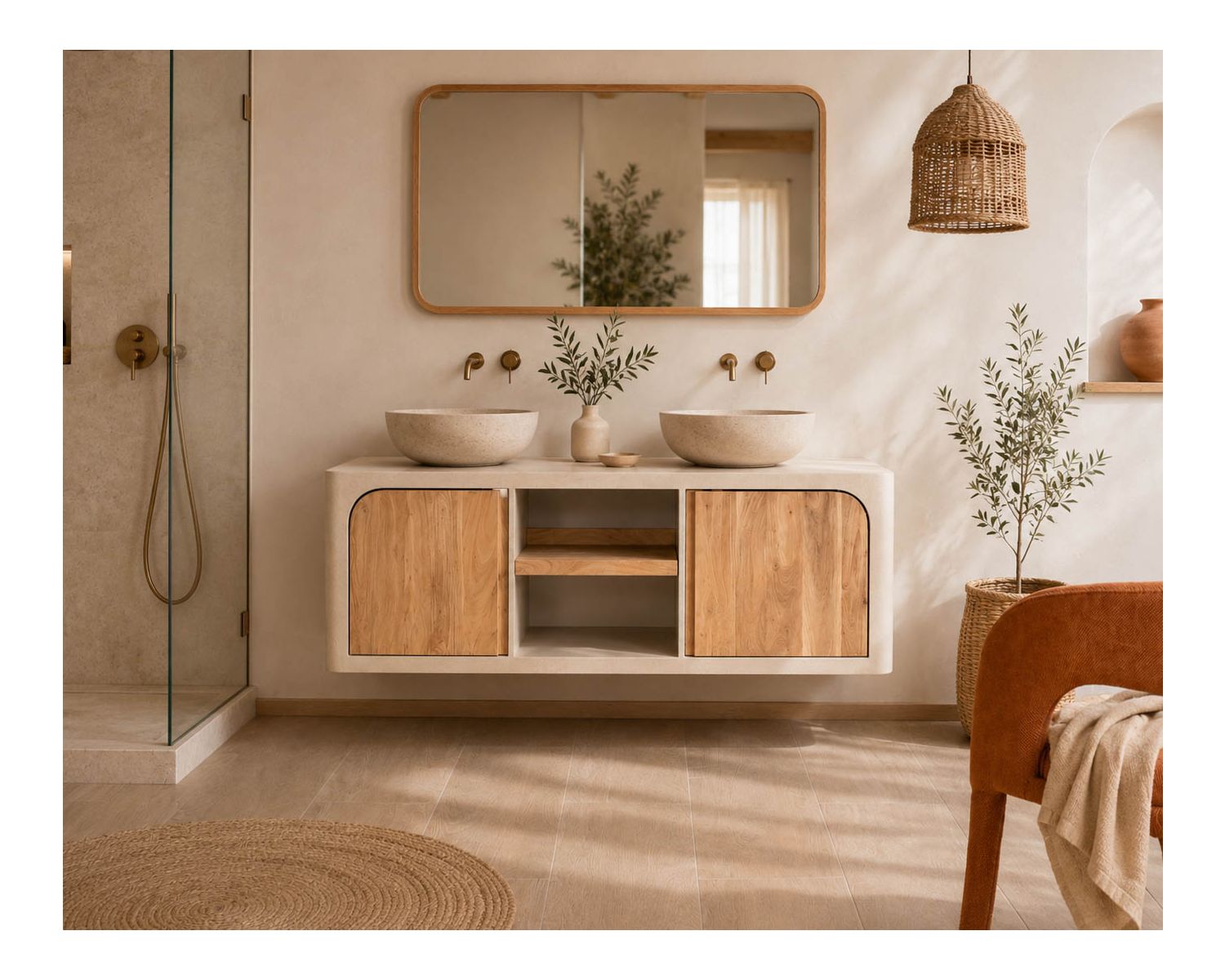 Mobile sottolavabo da 140 cm da appendere “Miona”, dal design organico e dall’effetto cemento sabbiato