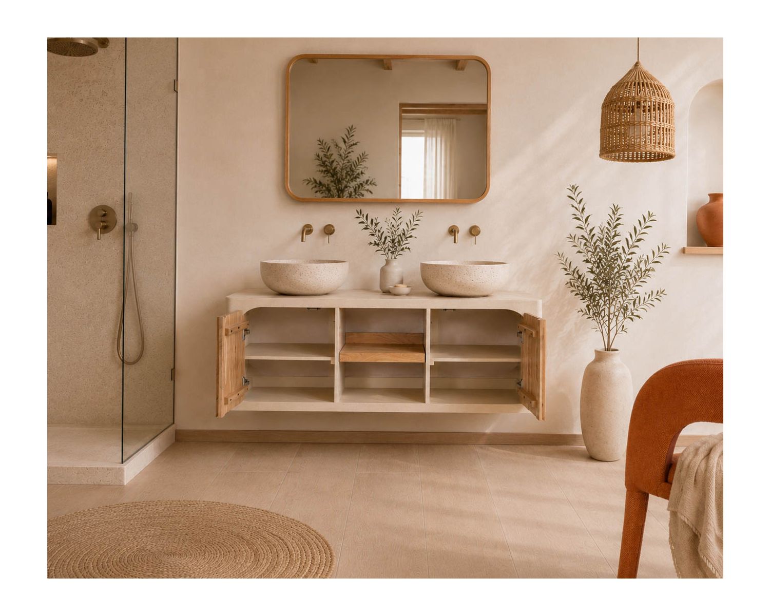 Mobile sottolavabo da 140 cm da appendere “Miona”, dal design organico e dall’effetto cemento sabbiato