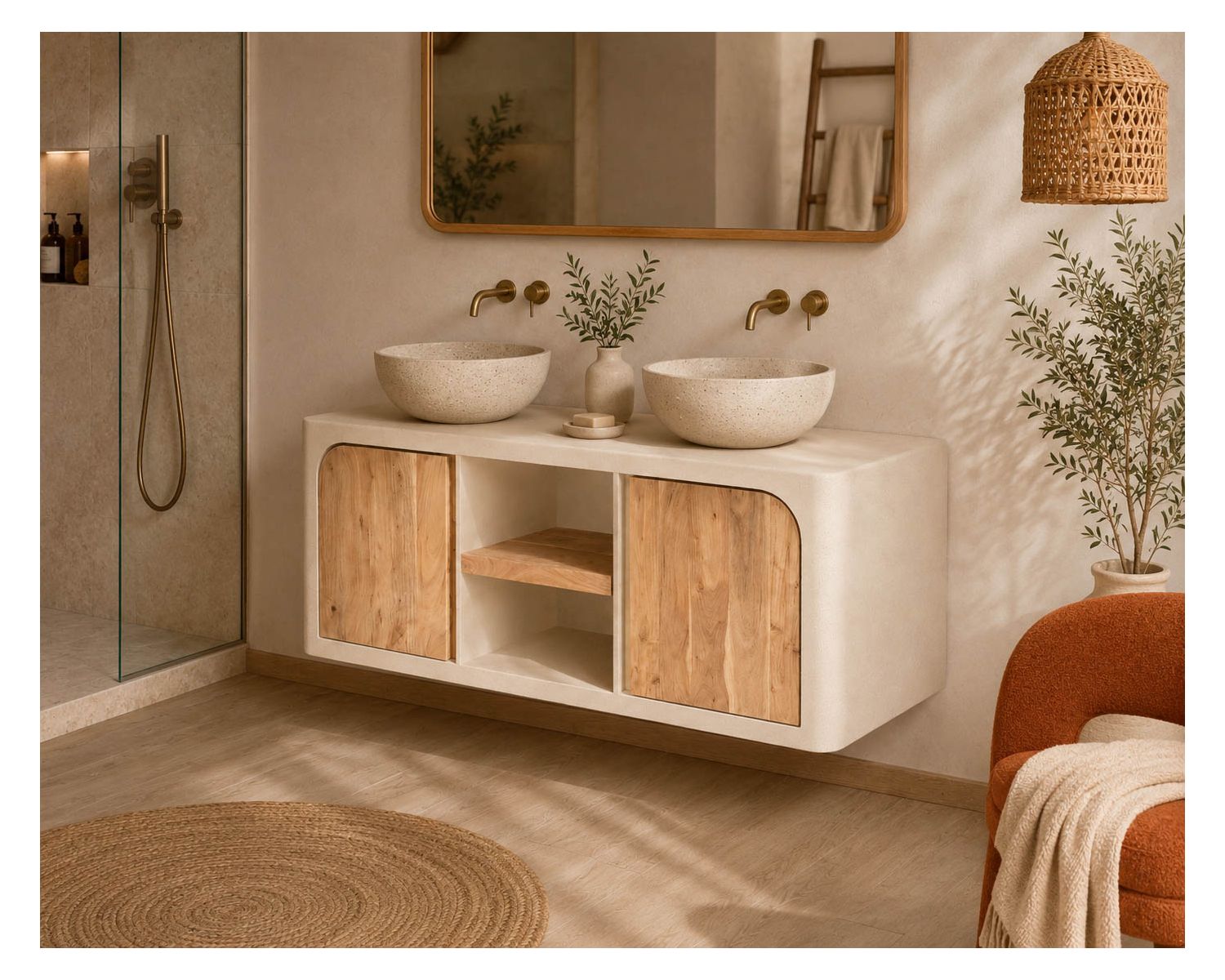 Mobile sottolavabo da 140 cm da appendere “Miona”, dal design organico e dall’effetto cemento sabbiato
