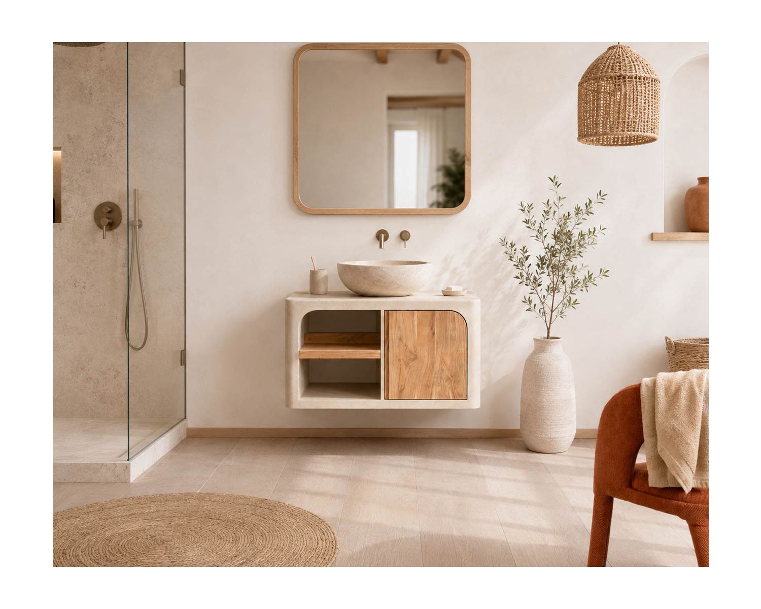 Mobile sottolavabo da 90 cm da appendere “Miona”, dal design organico e dall’effetto cemento sabbiato