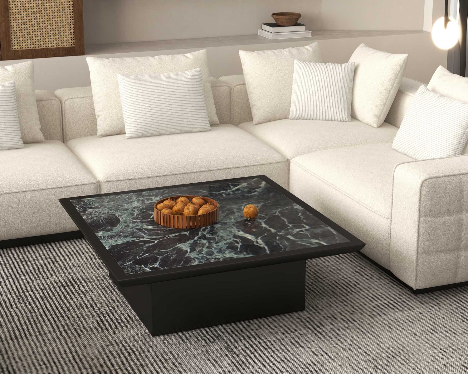 Divano angolare "Sweet Culture" ampio, grafico e ultra-accogliente in tessuto bianco