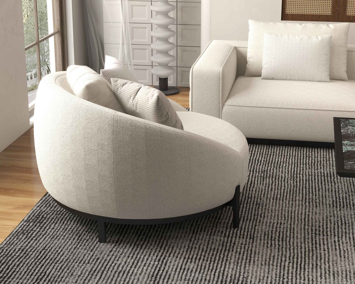 Poltrona rotonda "Sweet Culture" 120 cm in tessuto bianco screziato e cuscini in velluto a coste