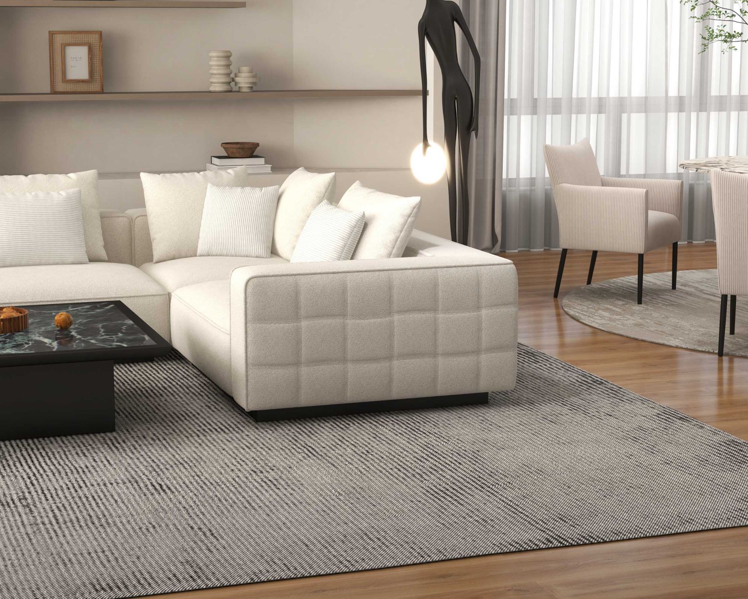 Divano angolare "Sweet Culture" ampio, grafico e ultra-accogliente in tessuto bianco