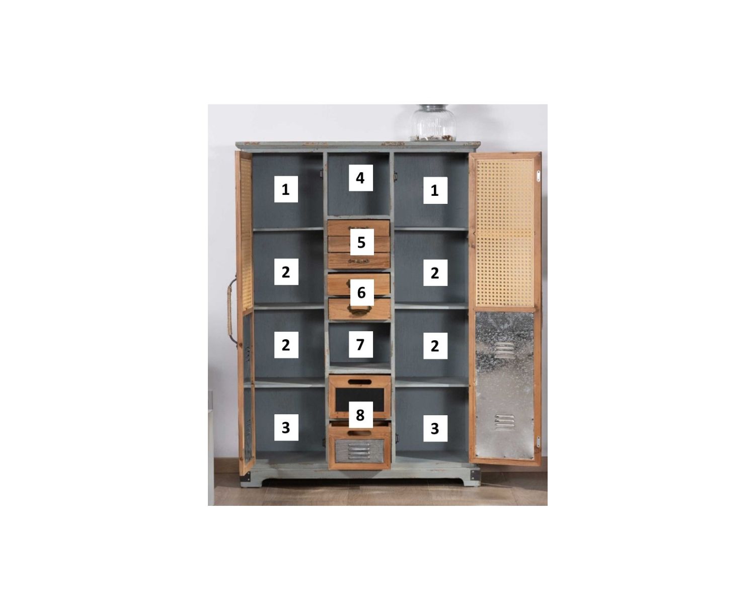 Credenza decorativa "Mélimélo Indus" in legno di pino e simil rattan con cassetti