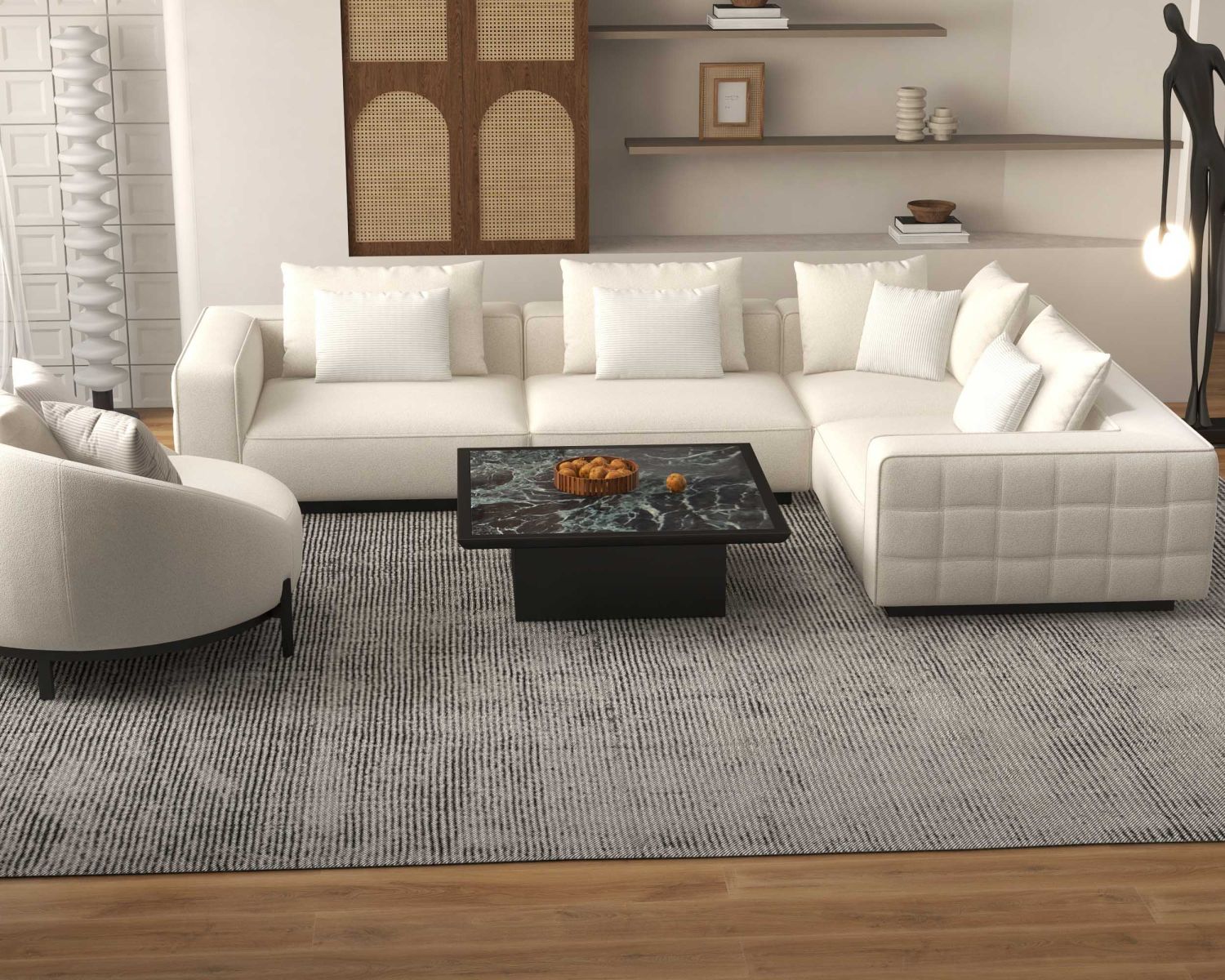 Divano angolare "Sweet Culture" ampio, grafico e ultra-accogliente in tessuto bianco