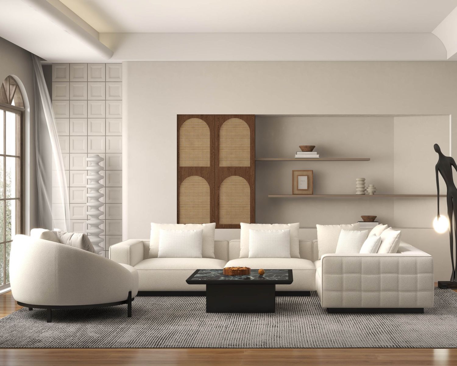 Poltrona rotonda "Sweet Culture" 120 cm in tessuto bianco screziato e cuscini in velluto a coste