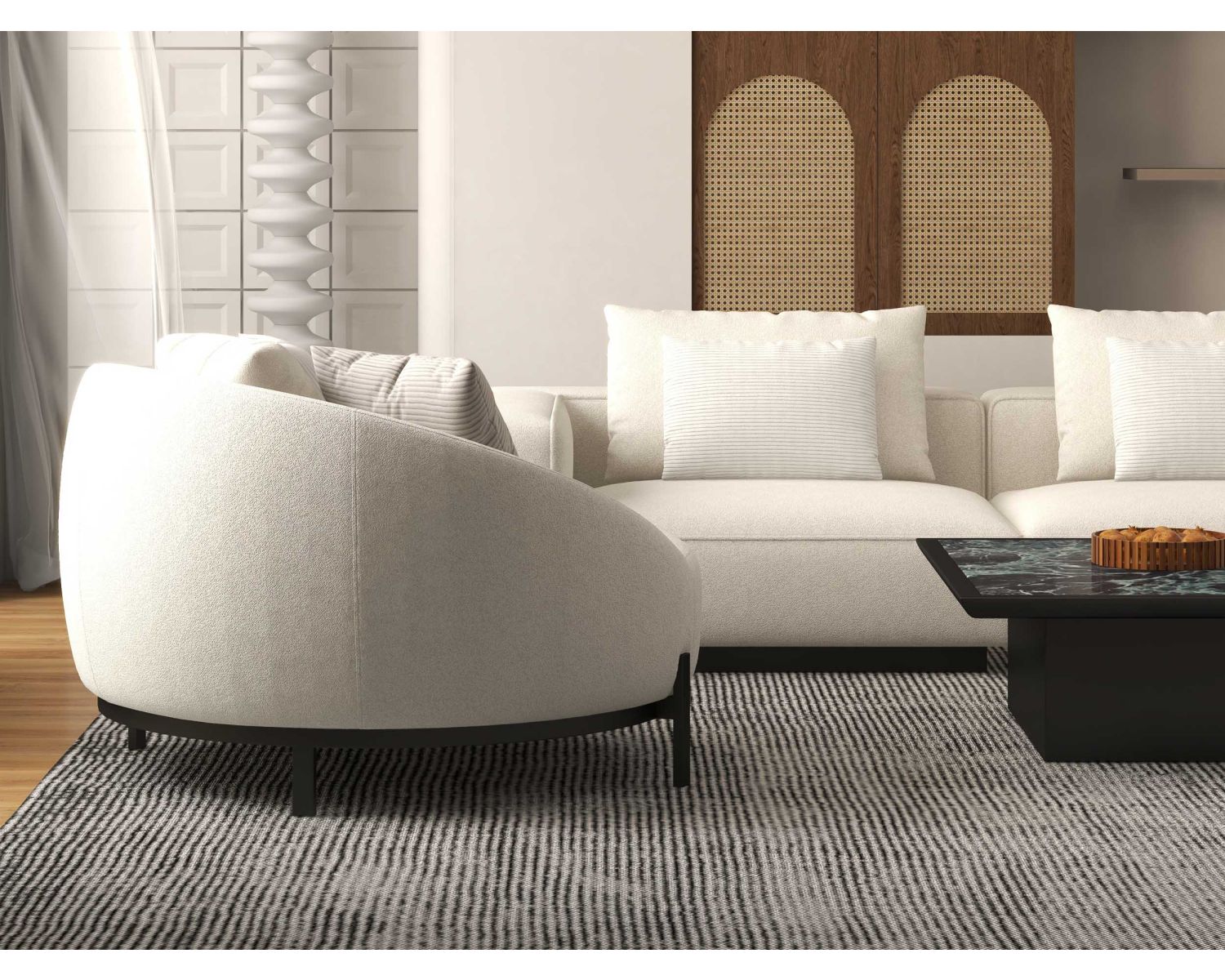 Poltrona rotonda "Sweet Culture" 120 cm in tessuto bianco screziato e cuscini in velluto a coste