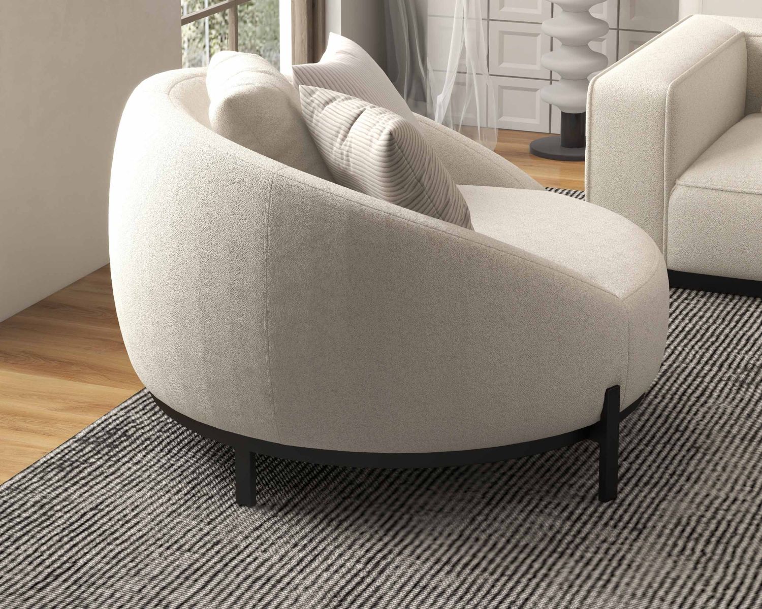 Poltrona rotonda "Sweet Culture" 120 cm in tessuto bianco screziato e cuscini in velluto a coste