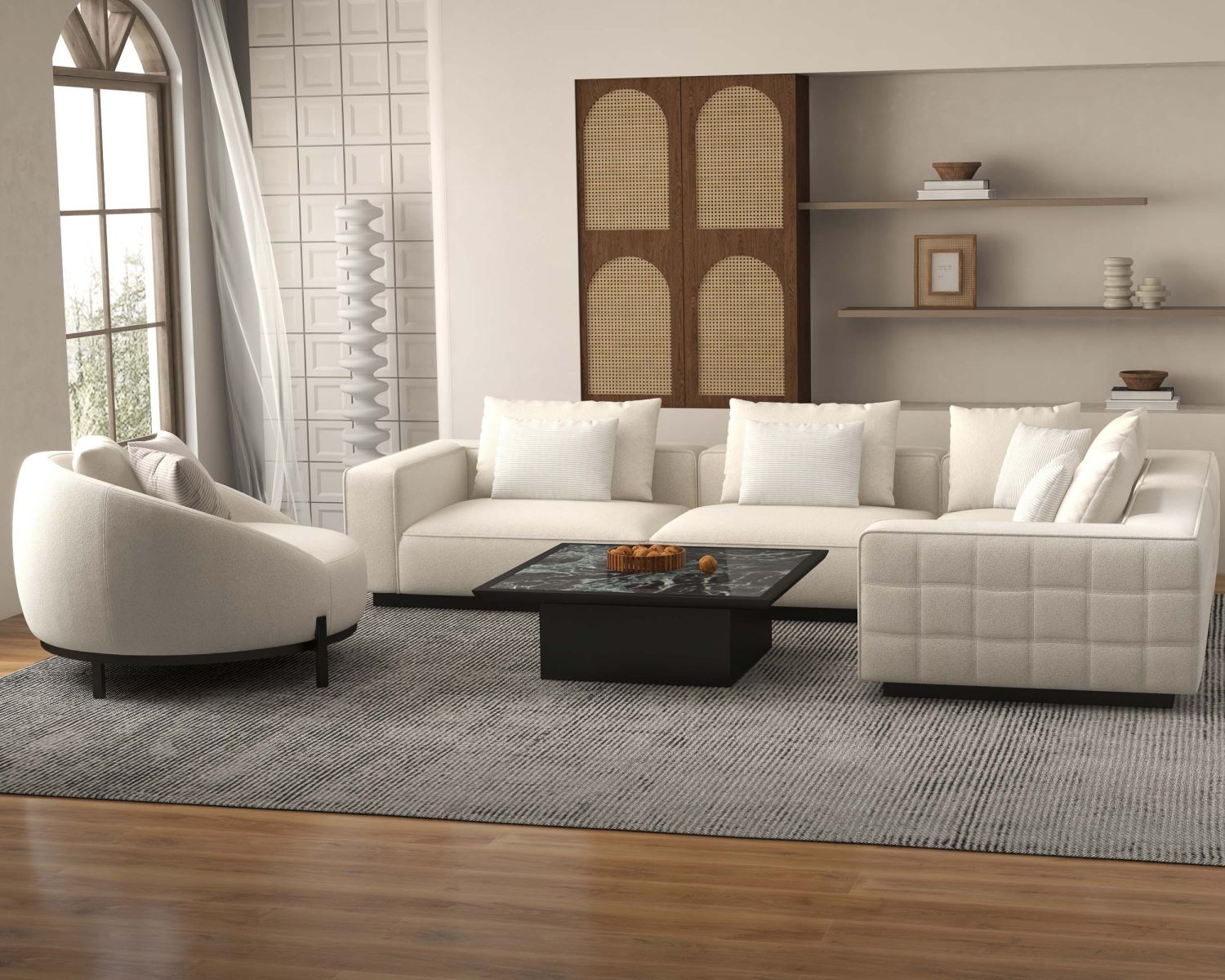 Divano angolare "Sweet Culture" ampio, grafico e ultra-accogliente in tessuto bianco