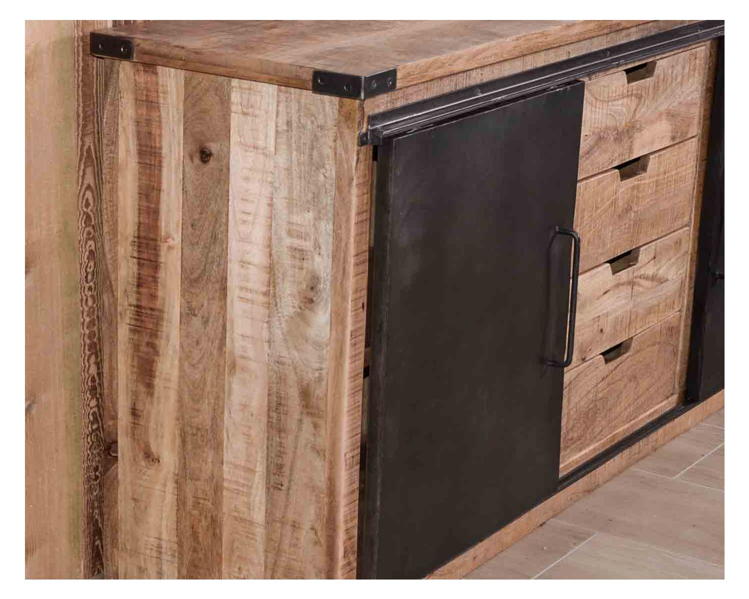 Credenza industriale "Caractère" con ante scorrevoli e cassetti in legno 180cm