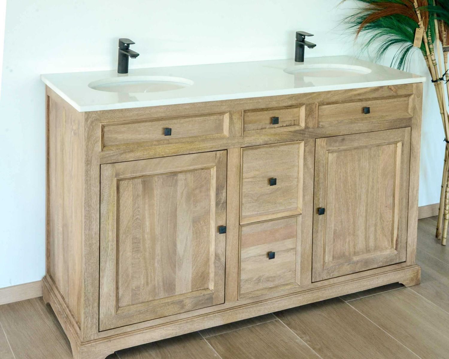 Mobiletto da bagno a 2 vasche "Elegance" in quarzo bianco e mango