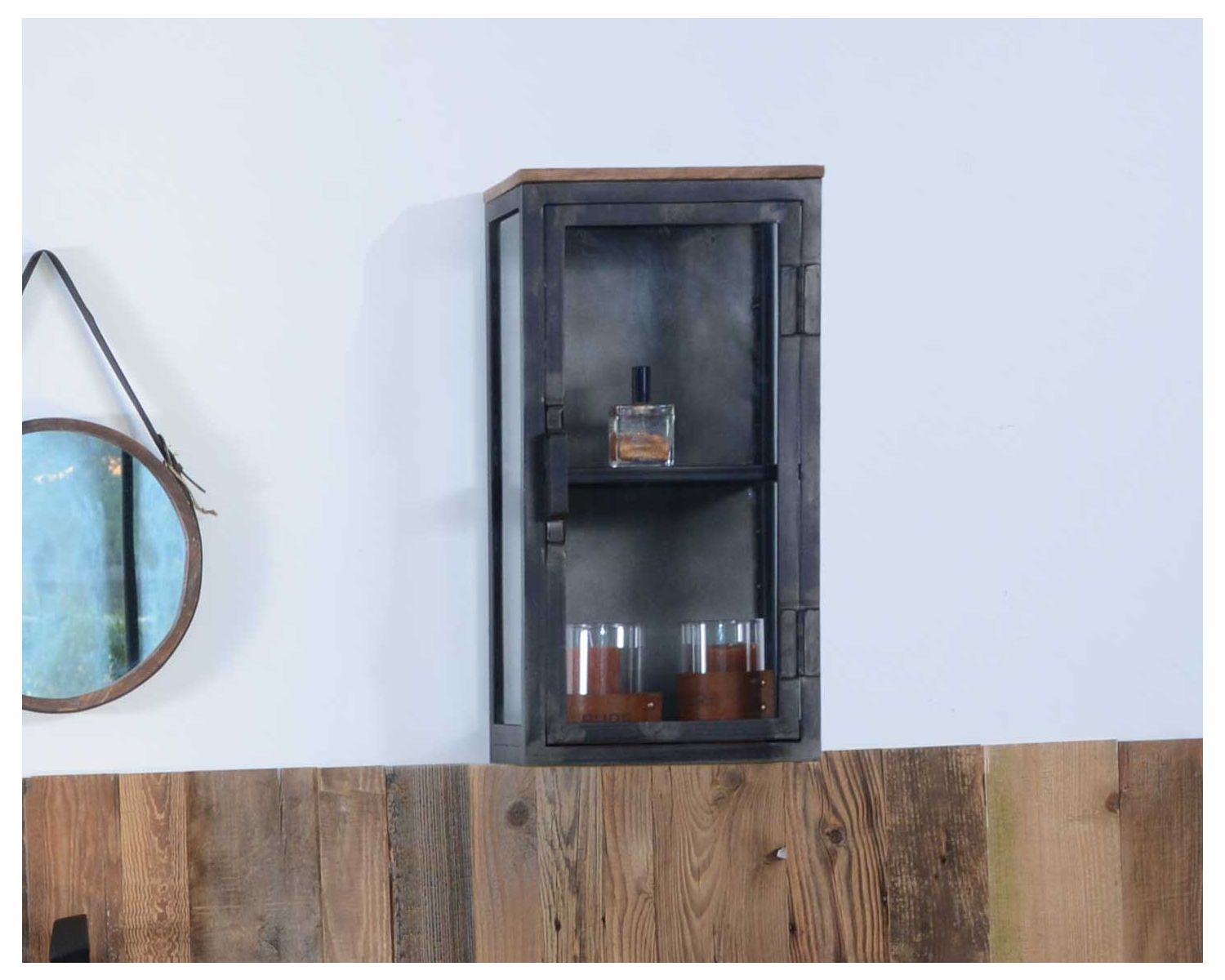 Piccola vetrina da parete in stile industriale "Black Cook" in metallo, legno massiccio e vetro