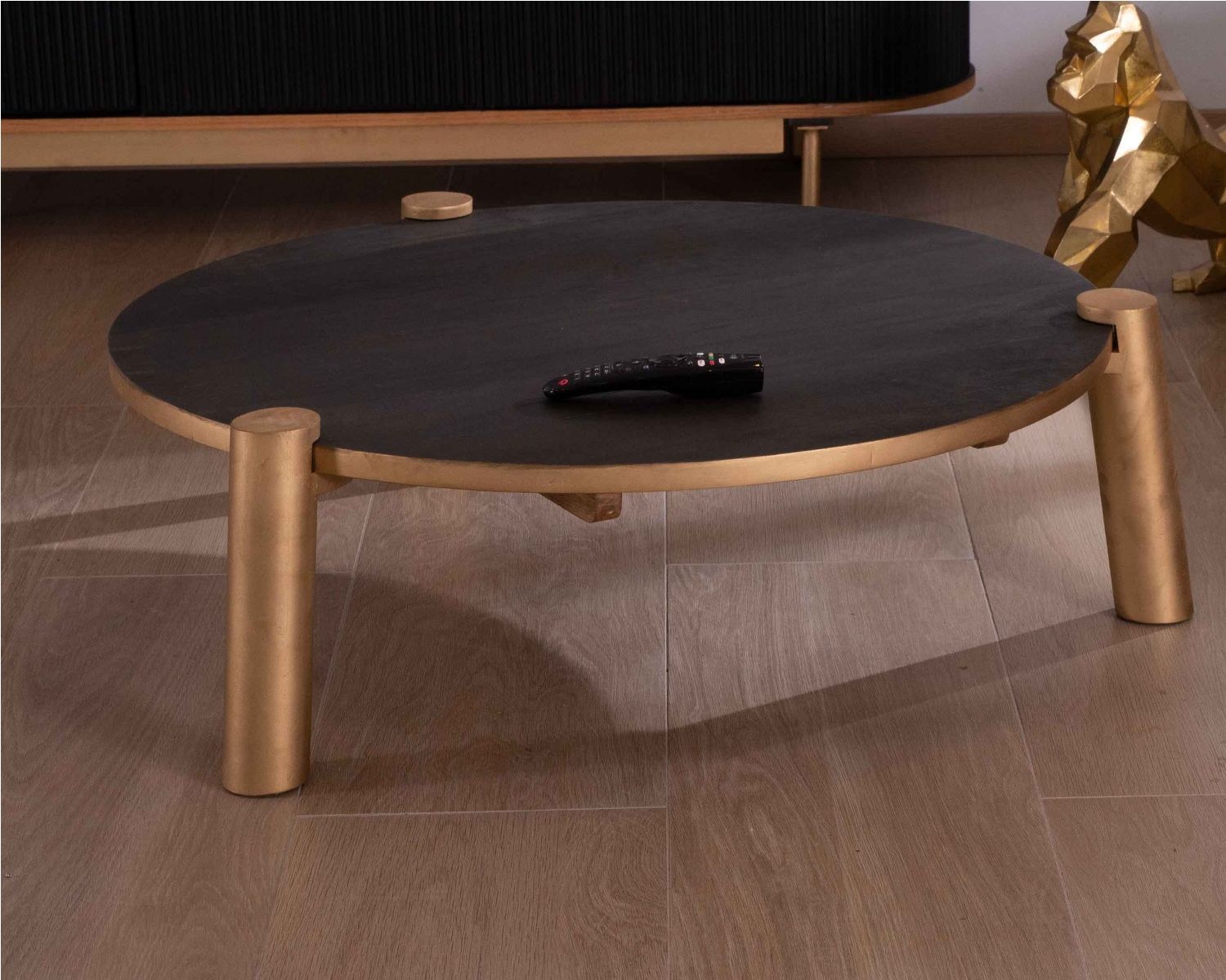 Tavolino rotondo in legno massiccio nero e oro "Pop Vintage" diam. 90cm