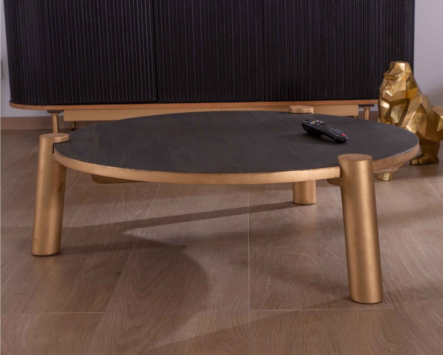 Tavolino rotondo in legno massiccio nero e oro "Pop Vintage" diam. 90cm