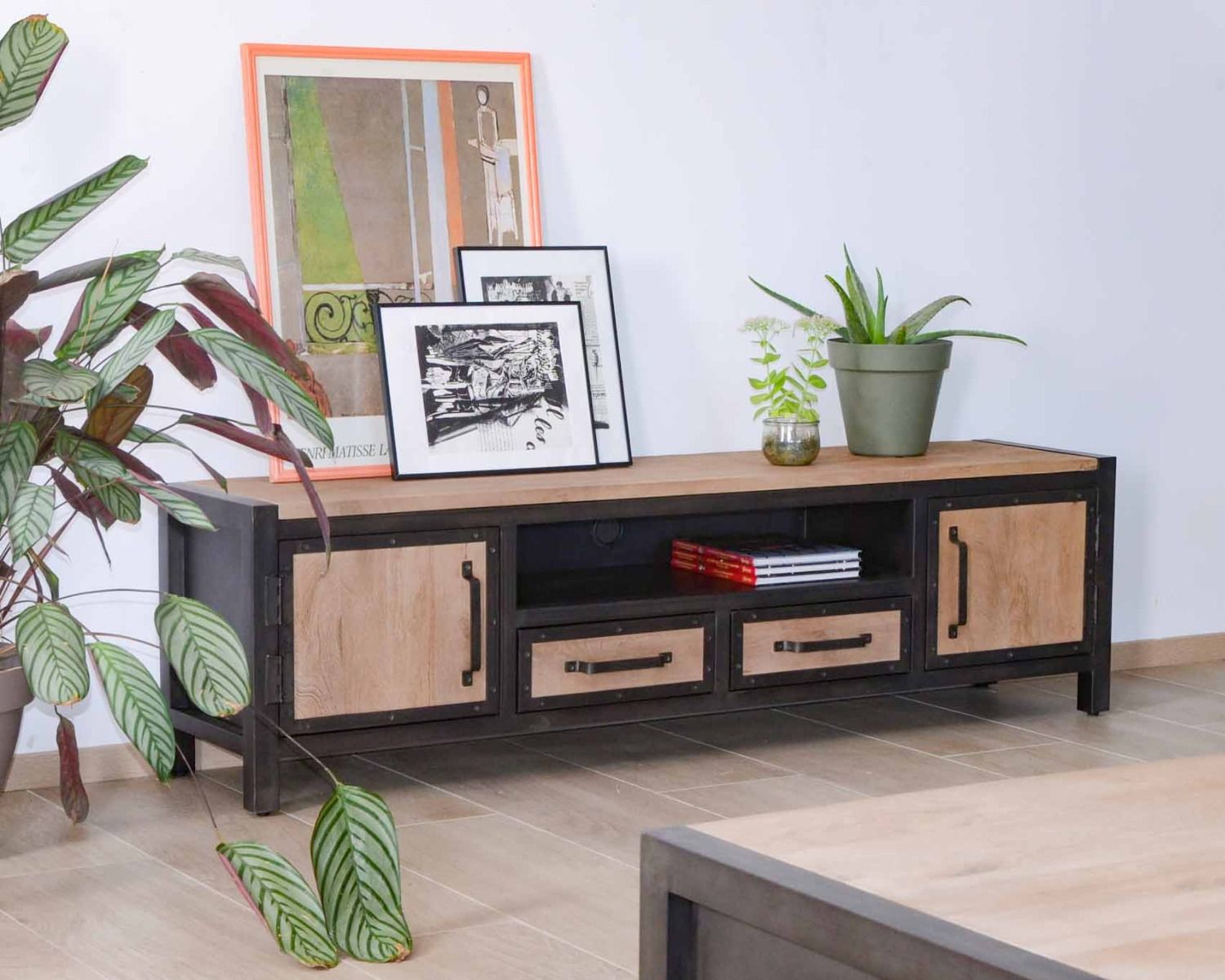 Porta tv Saturn" 180 cm in legno massiccio di mango e metallo industriale